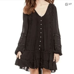Free People Black Gauzey Ruffle and Eyelet Snow Angel Mini Dress